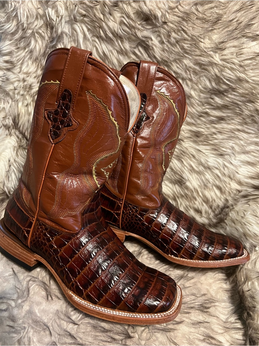 Men's Brown Exotic CAIMAN Print & Leather Western Boots with Embossed Shaft Sz 8 - Picture 6 of 15